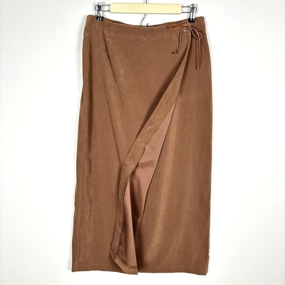 Vintage Womens Brown Faux Suede Midi Wrap Skirt Size 12 Quiet Luxury Equestrian - Picture 4 of 11